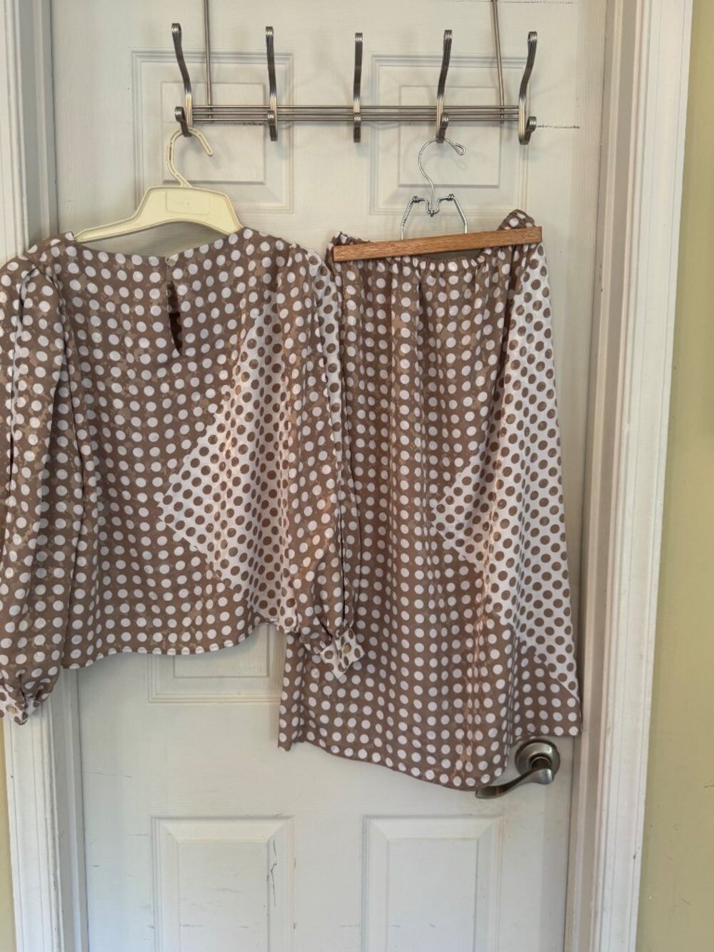 Vintage Hal Ferman Polka Dot Set Top Blouse Midi Skirt 8 Brown White Union Made - Picture 6 of 16